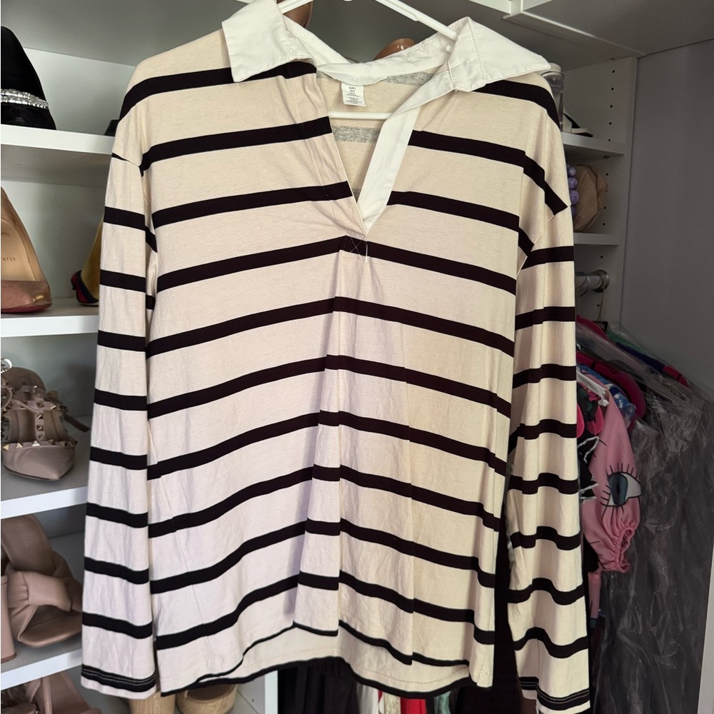 Black and White Long Sleeve Polo Tee, size S